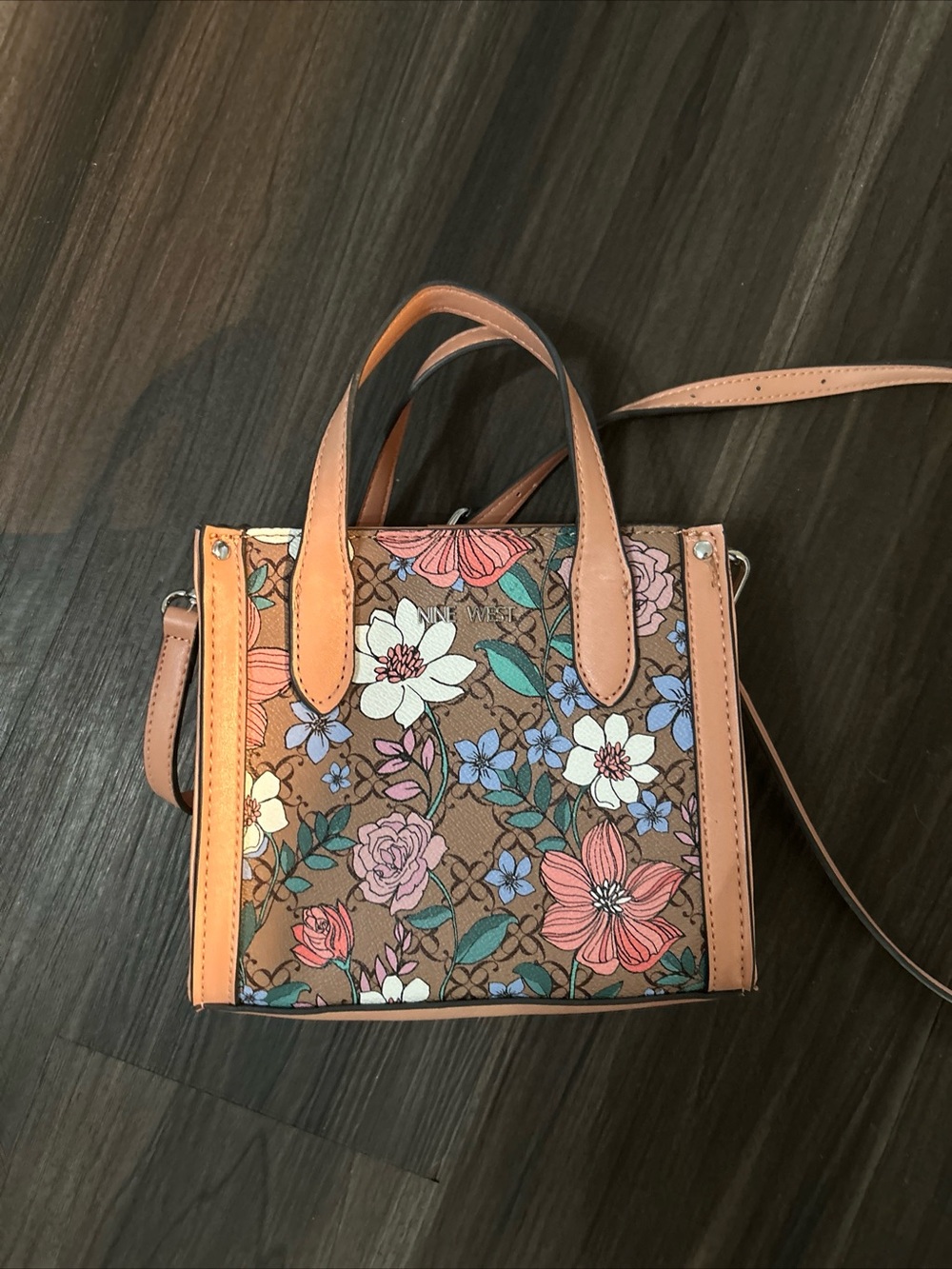 Nine West Floral Mini Tote in Tan with Pink, White & Blue Flowers